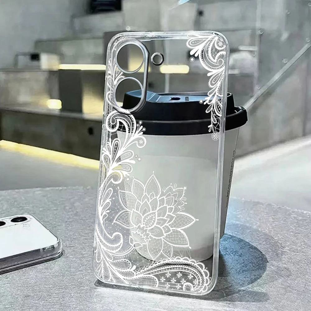 Elegant White Lace Flower Clear Phone Case - Romantic Transparent Design
