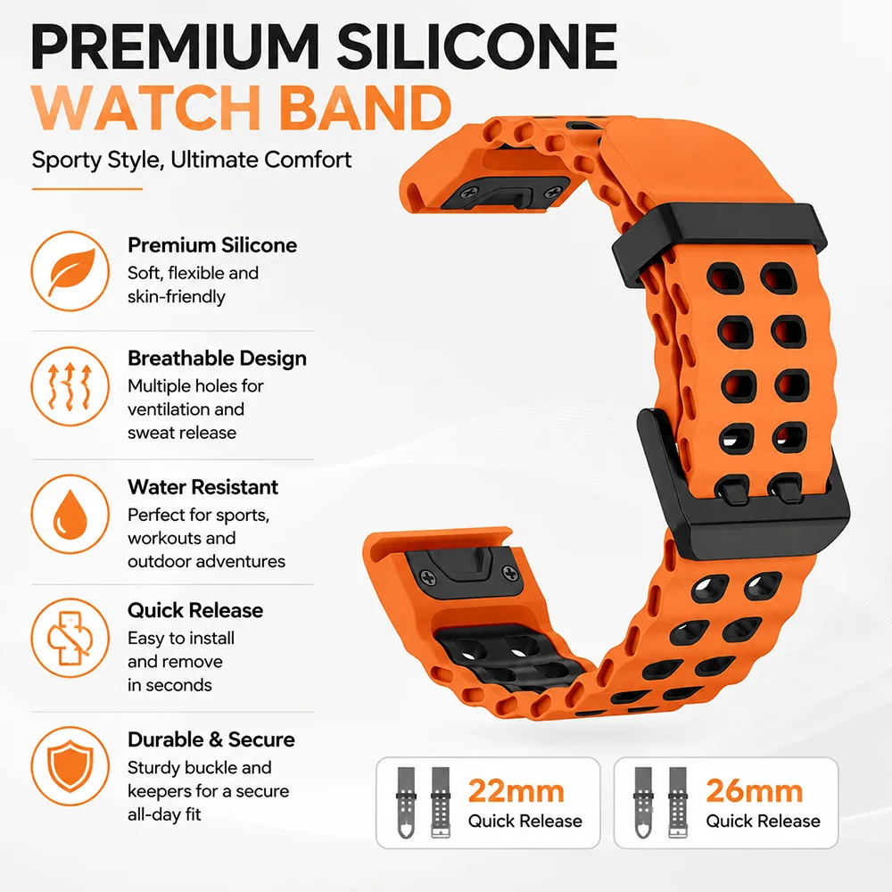 Premium Silicone Quick Fit Strap - 22/26mm Adjustable Bracelet