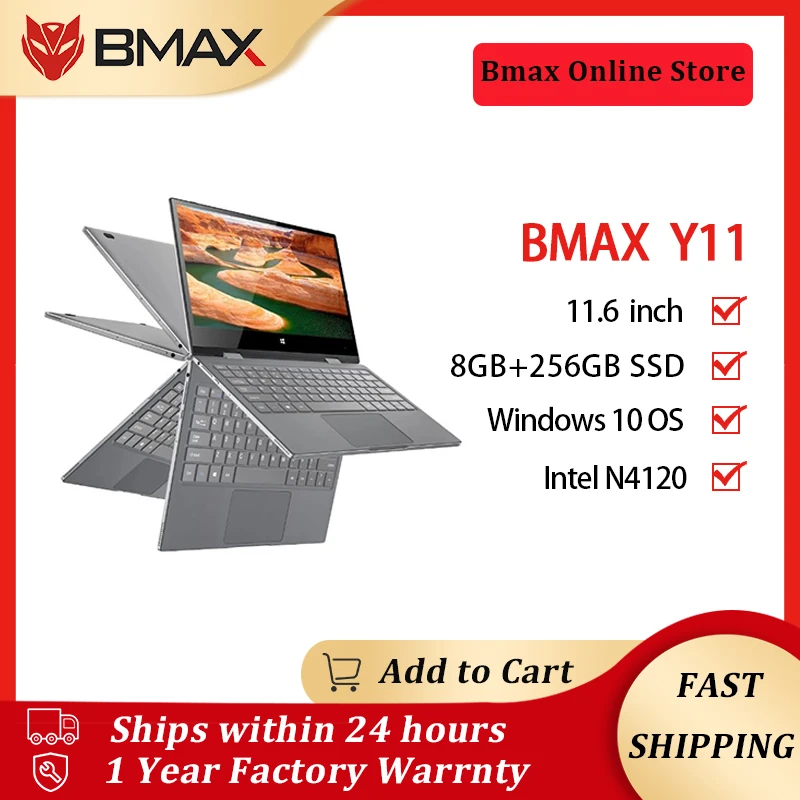 BMAX Y11 Laptop 11.6 Inch Quad Core Intel N4120 1920*1080 IPS Touch Screen 8GB LPDDR4 RAM 256GB SSD ROM Notebook Windows10 Pc