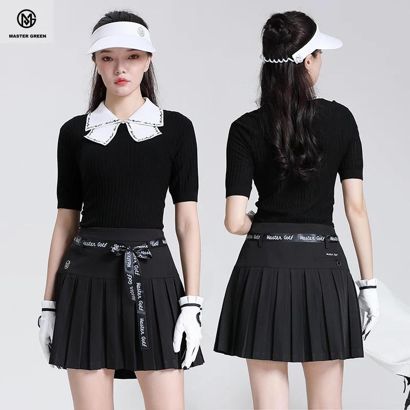 MG Golf Women's Korean Knit Tops Summer Pleated Skirt Lady Sports Short Sleeve Lapel T-Shirt Bowknot Slim Skorts Suit