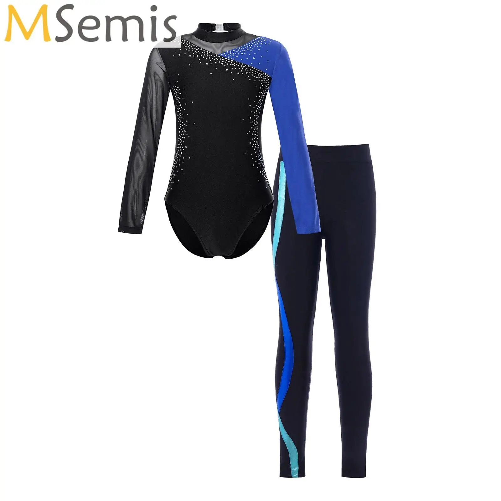 

Girls Gymnastics Leotards Outfit Performance Costume Long Sleeve Dance Leotard Bodysuit and Leggings Ballet Dancewear for Kids