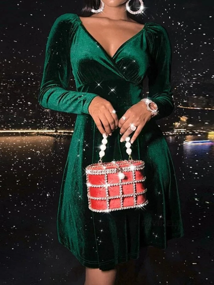

Size Fall Holiday Dress for Women 2024 Spring Corduroy V-neck Long Sleeve Elegant Party Christmas Festival Dress Luxury Clothes