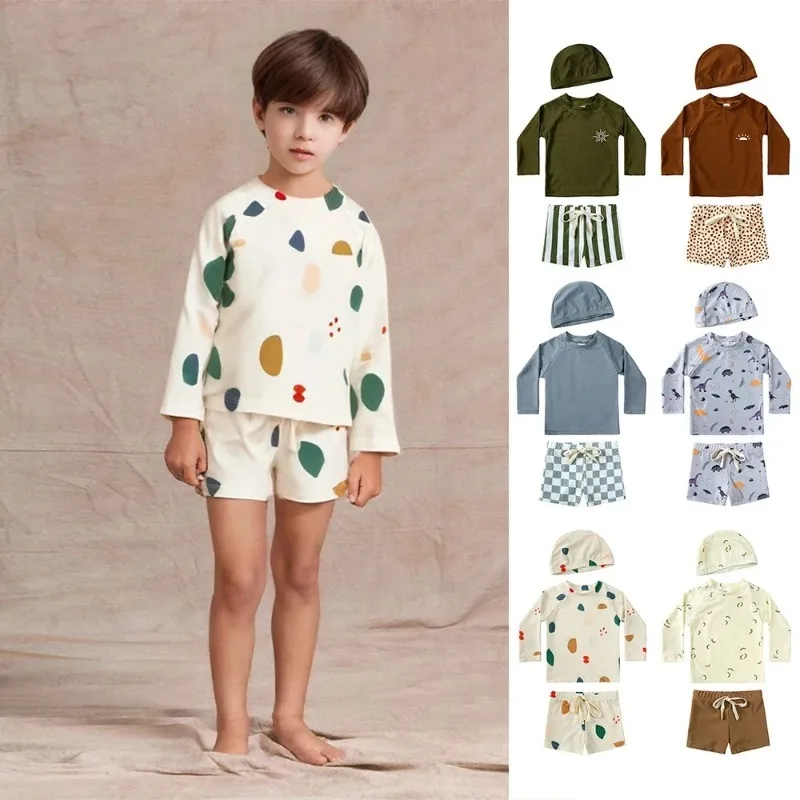 Summer Kids Boy Swimsuits Sun Protection Vacation Beach Pants Long sleeve Tops with Hat Children Surfing Swim Suit 1-7T, kids swimsuits