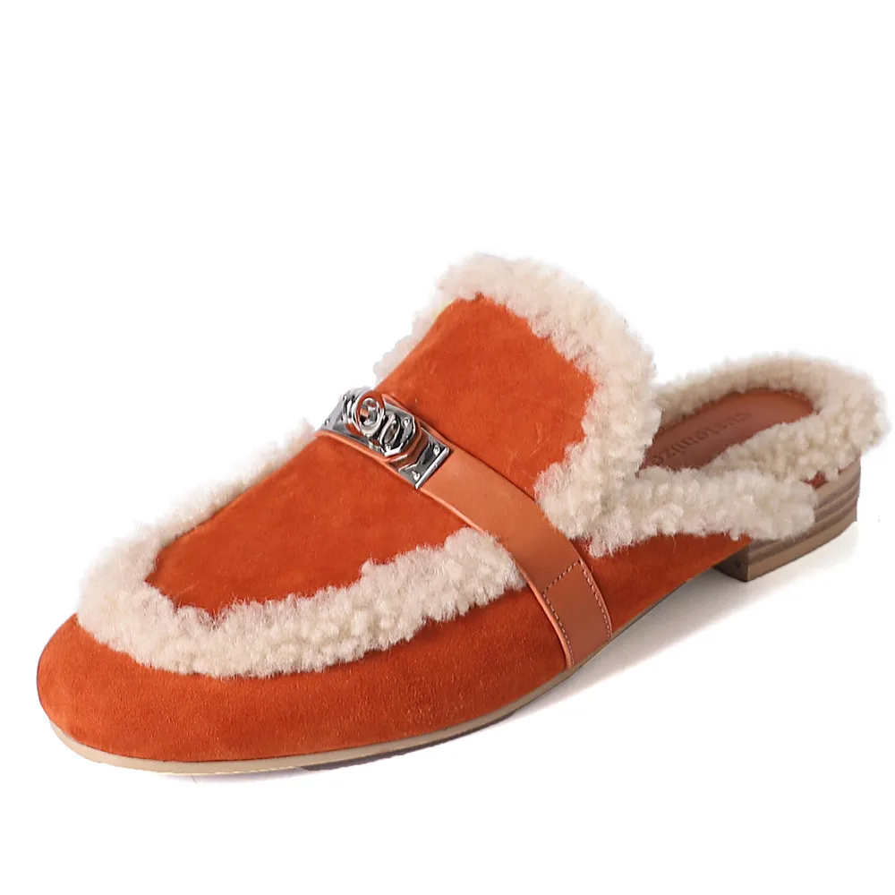 

New Genuine Leather Women Metal Lock Buckle Lamb Hair Wrapped Half Slippers Woman's Luxury Low Heels Shoes Lady Casual Slippers