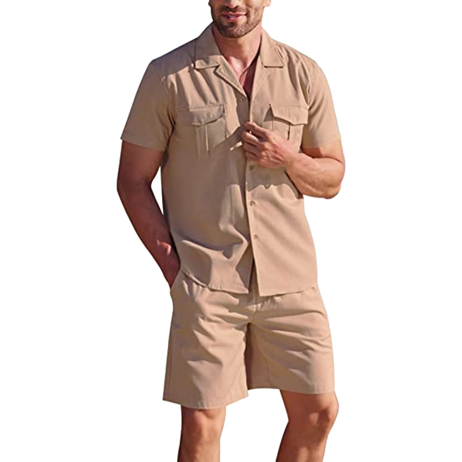 

Mens Cotton Solid Shirt Shorts Pants Suit Turn Down Shirts With Pocket And Shorts Summer Beach Pants Pure Color Set Button 2P