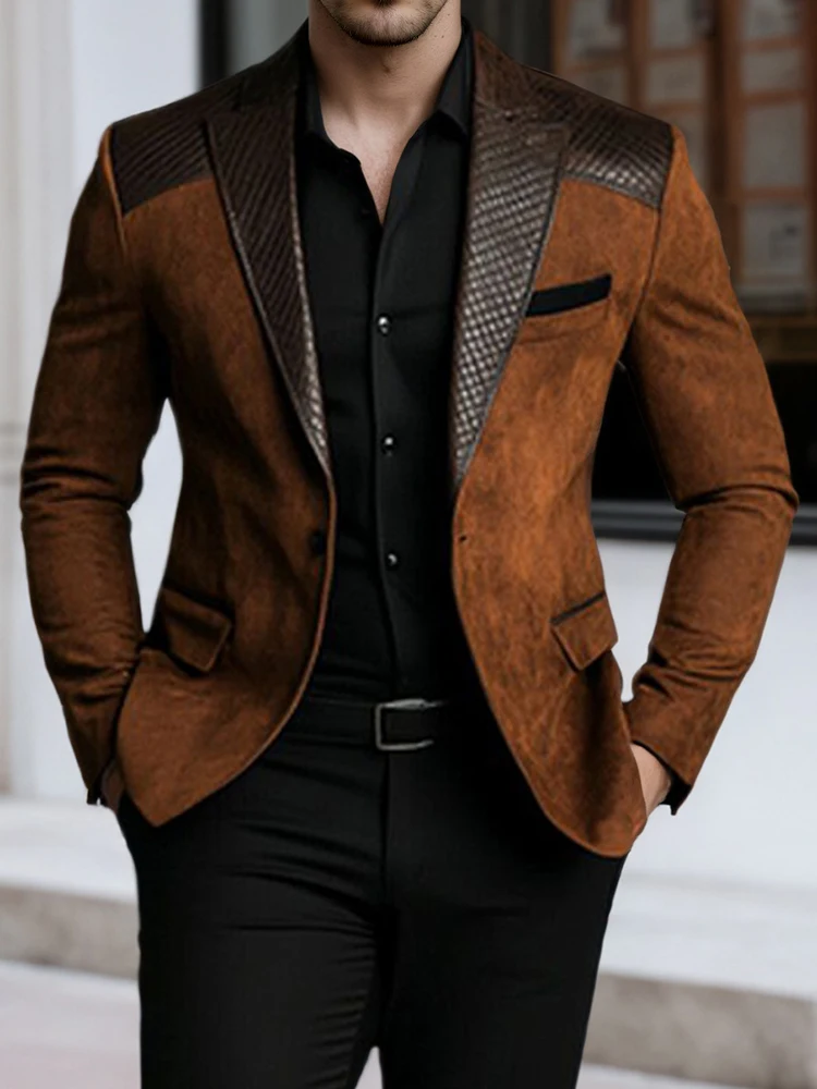 Men Brown Blazer Jacket Fake Suede Leather Patchwork Black Accents Lapel Long Sleeve Formal Business Casual Man Suit Jackets men suits jackets