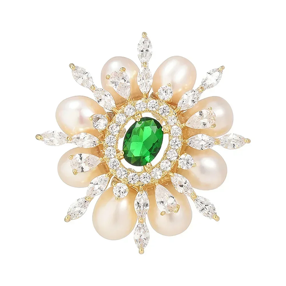 Emerald Crystal Sunflower Pearl Brooch Pins Charm Inlaid Rhinestone Brooches for Women Luxury Design Jewelry Wedding Gifts