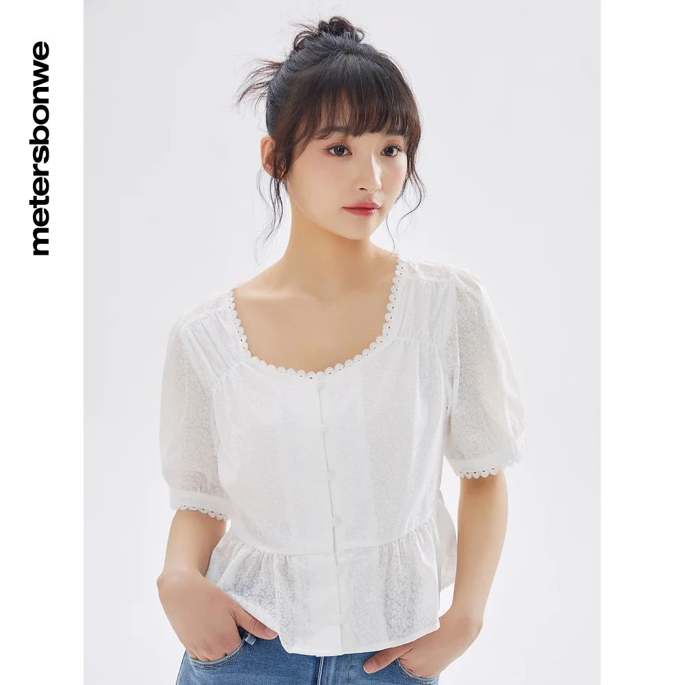 Metersbonwe Square Collar Blouse Women Summer New Ladies Shirt French Lace Loose Tops Sweet Short Puff Sleeve Tops Casual