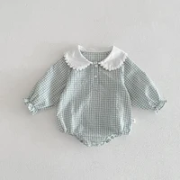 Ready Stock Newborn Jumpsuit Baby Girls Peter Pan Collar Drawstring Long Sleeves Elegant Check Romper 0-2yrs 6