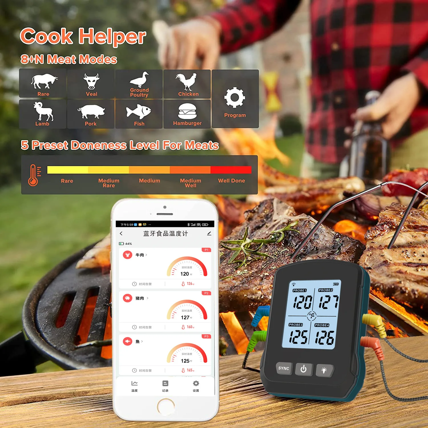 DigitalKitchenThermometerWith4ProbeBluetoothMeatThermometerAPP