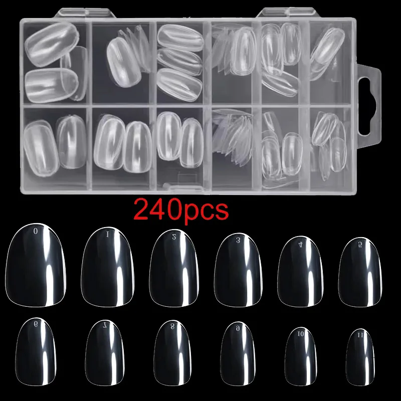 240 Pieces Short Oval Fake Nail Tips Soft Gel Full-Cover Almond Round