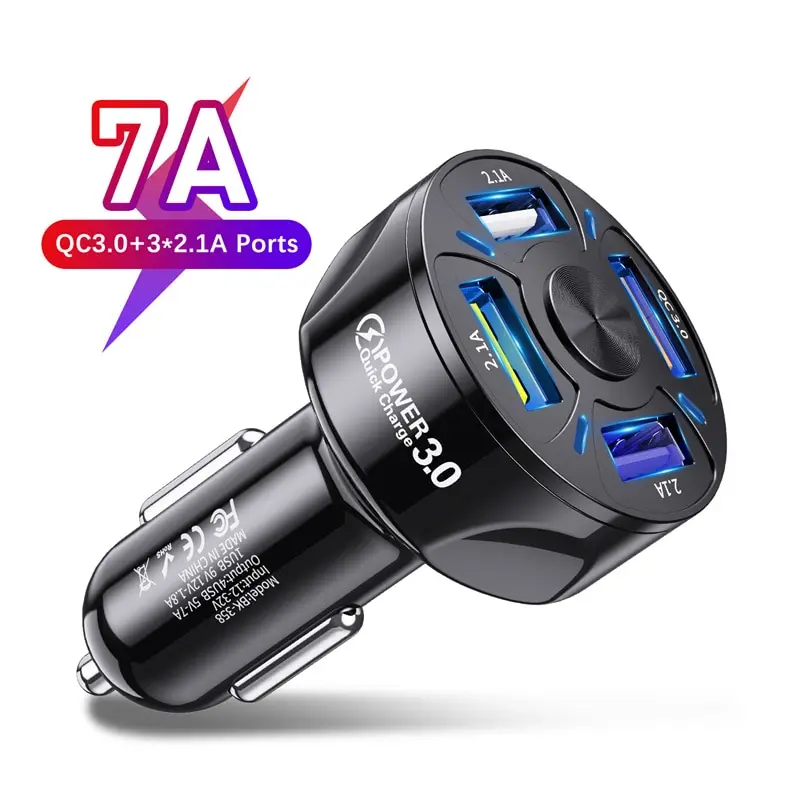 48W 4 Port USB Car Charger LED Fast Charging Plug 7A Quick Phone Charge Adapter For iPhone 12 11 Samsung Xiaomi Huawei in Car