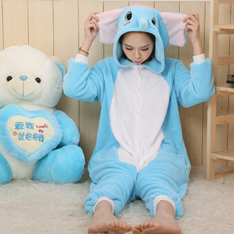 Grey Elephant Couples Pajamas Sets Women Winter Cute Animal Onesies Men One Piece Cosplay Costume Sleepwear Suit Flannel Pijamas