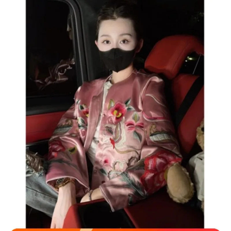 Pink New Chinese Style Retro Machine Embroidery Coat for Women