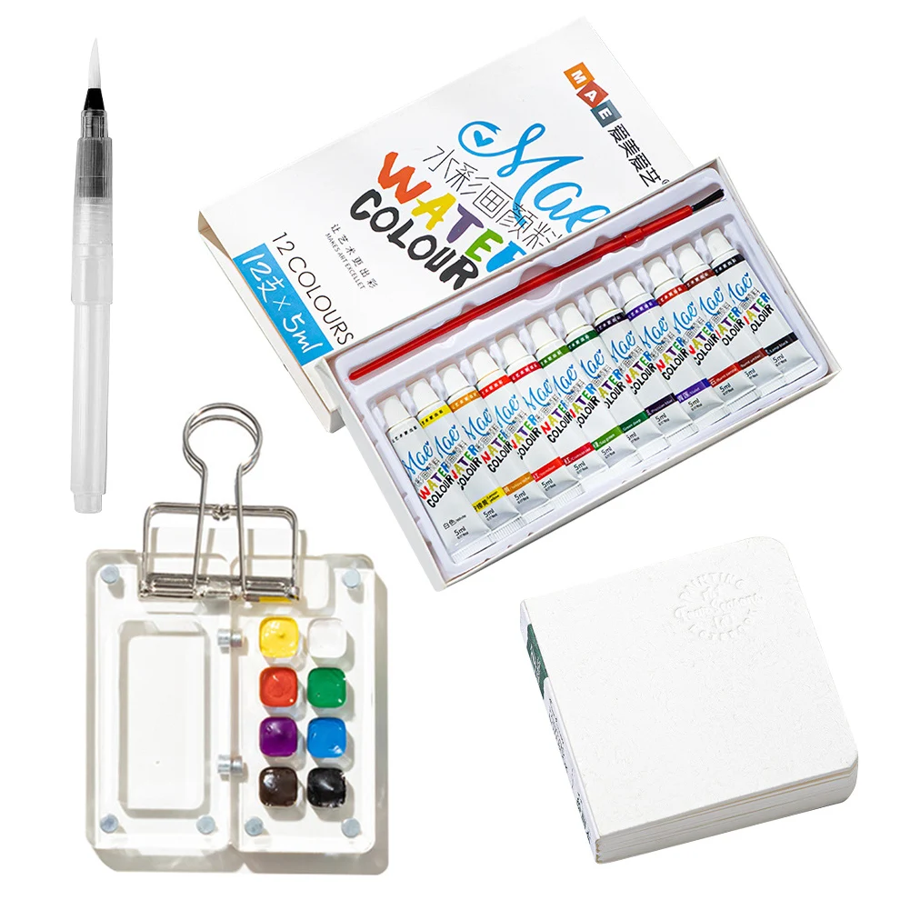 Mini Portable Watercolor Palette Set Watercolor Sketch Book with Binder Clip Portable Sketchbook Palette Set Brush