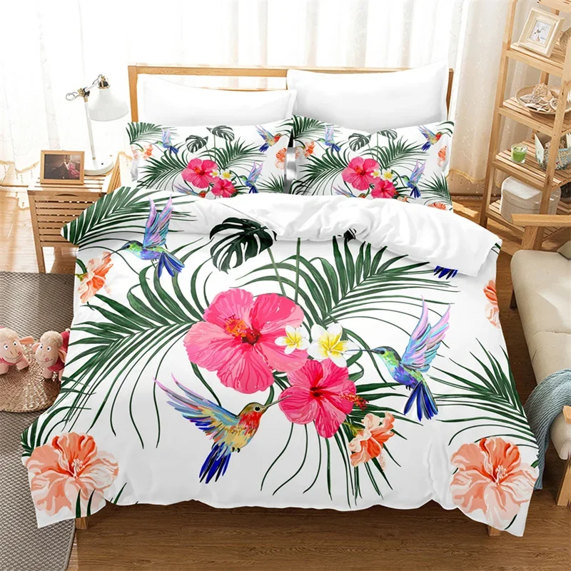 

Palm Leaves Duvet Cover Hawaiian Tropical Floral Bedding Set Microfiber Flamingo Birds Comforter Cover Queen For Kids Teen Adult