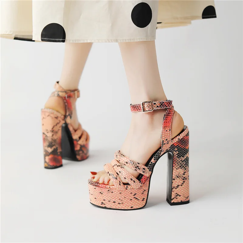 

Women Chunky High Heel Buckle Ankle Strap Platform Summer Sandals Female Sexy Snakeprint Ankle Open Toe Sandal Shoes