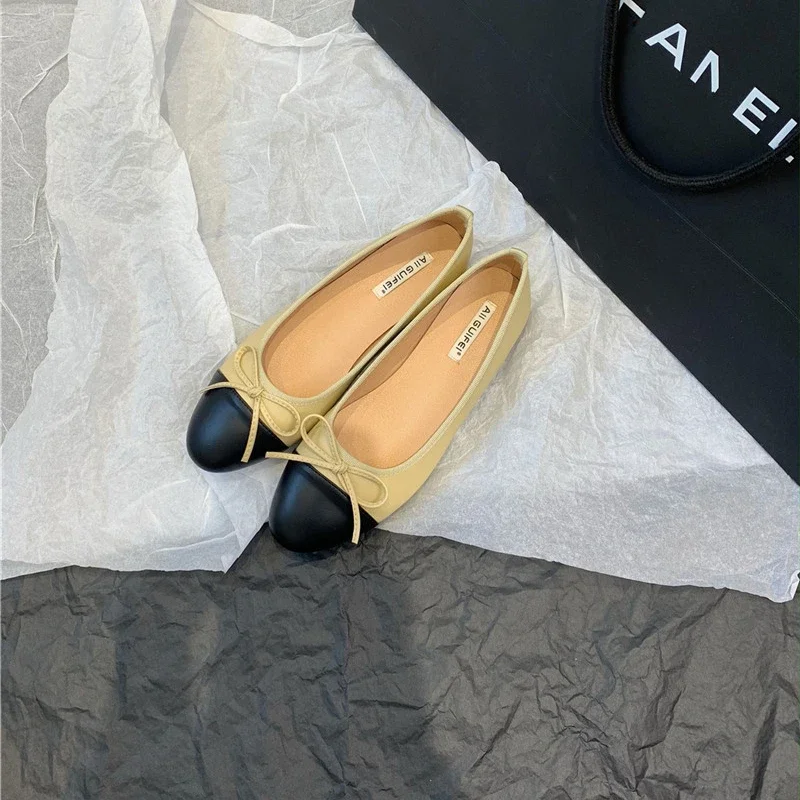 Women Leather Flat Shoes Fashionable Round Toe Casual Ballerina Bow Ballet Shoes Soft Moccasin Black with Beige  Lolita Shoes 3