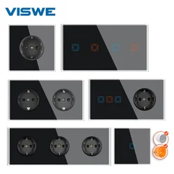 VISWE EU Standard Touch Switch and Socket 220V 16A Black Full Mirror Crystal Tempered Glass Panel Electrical outlets