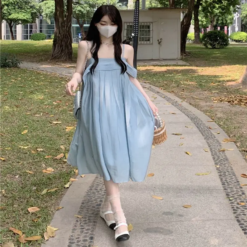 

2023 Summer Patchwork Dress Design Sense Suspender Pleated Fashion And Versatile Look Thin Free Shipping
