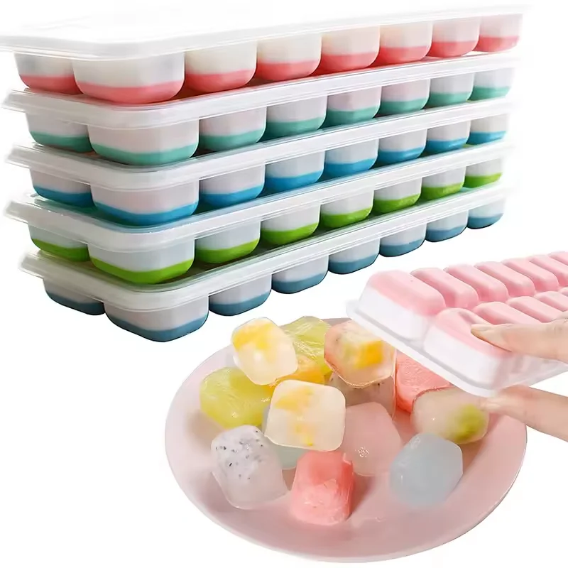 14 Cube Easy Release Ice Cube Tray Mold with Lid Silicone Square Molds Summer Kitchen Bar DIY Iced Cocktail Freeze Tool