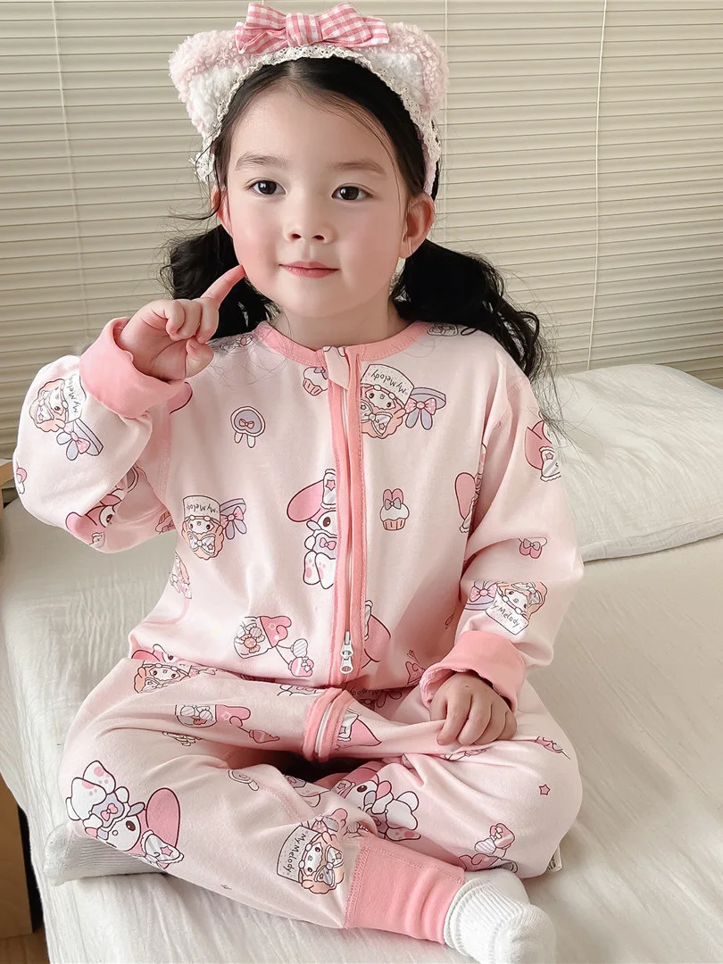 순면 아동 수면복 봄 다리 분리형 안티킥 싱글 레이어 롬퍼 홈웨어 사계절 따뜻한 잠옷