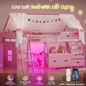 Girl's Twin Loft Bed with Bookshelf LED Lights 5