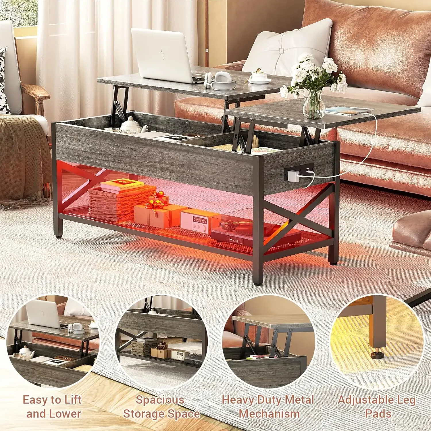 Coffee Table,Lift Top Coffee Table with Storage,LED Light&Power Outlet and Hidden Compartment,Retro Center Table for Living Room 3