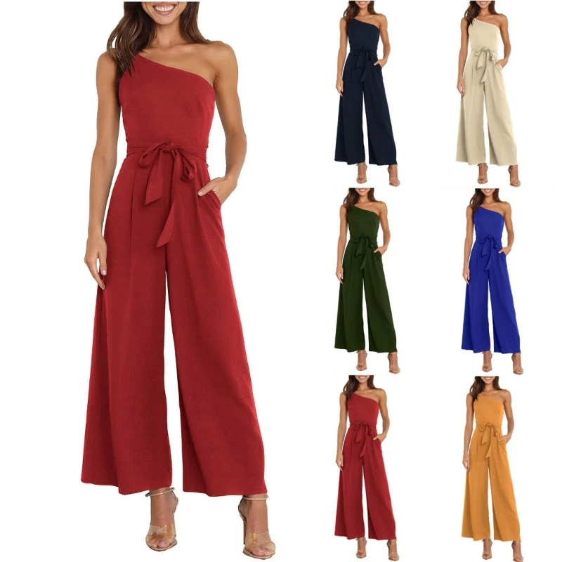 

One-Piece Trouser Suit with One Shoulder Straps Belted Romper with Pockets Perfect for Office and Casual Wear Playsuit