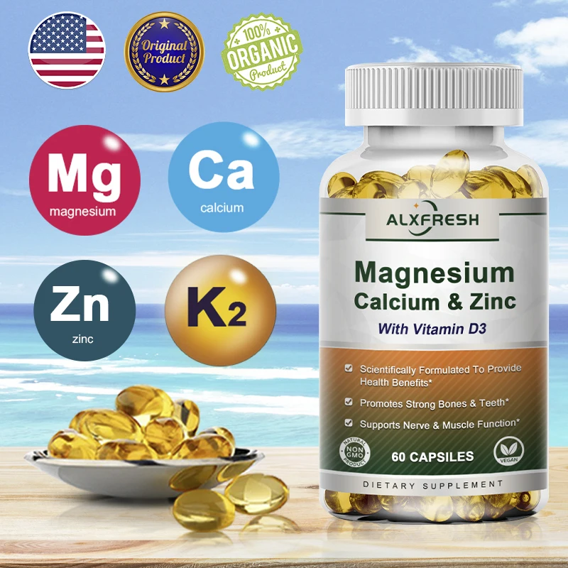 Alxfresh Calcium Magnesium Zinc & Vitamin D3 Capsules for Immune System, Bone, Nervous System Health Support | Non-GMO, Vegan