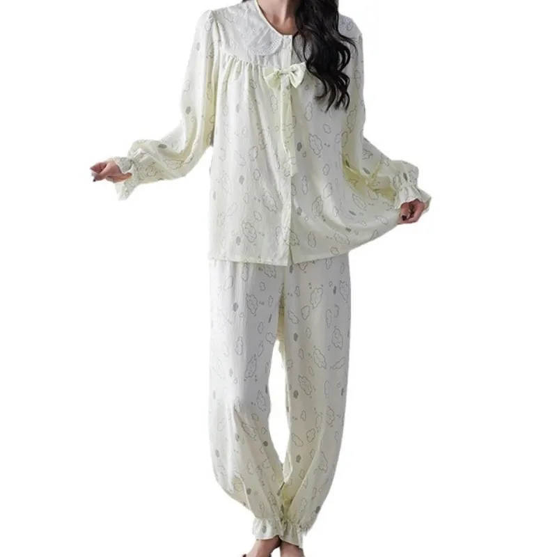 Princess Style Bow Costume Spring New Cloud Cotton Pajamas Long Sleeve Pants Two-piece Set Sweet Home Furnishings Wear for Women
