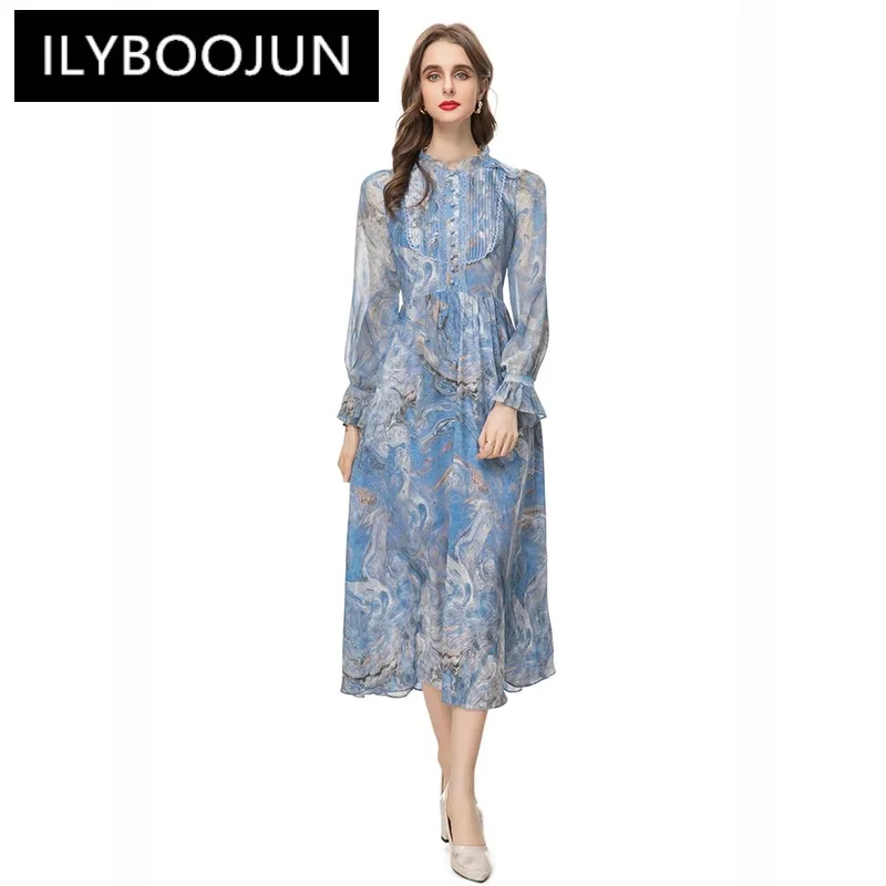 

ILYBOOJUN Autumn Elegant Pretty Dress Women's Flower Color Splice long sleeve Single-breasted Print Draped fold Long Dress