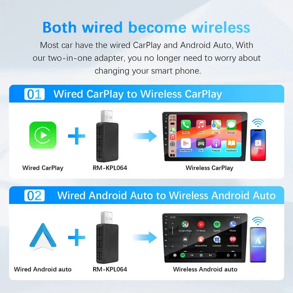 2026 New 2in1 Wired To Wireless CarPlay Android Auto Adapter for OEM Car Stereo with USB Plug and Play