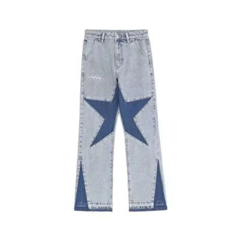Y2k Stars Letter Jeans Pants Embroidery Patchwork Straight Flare Mens Retro Harajuku Ripped