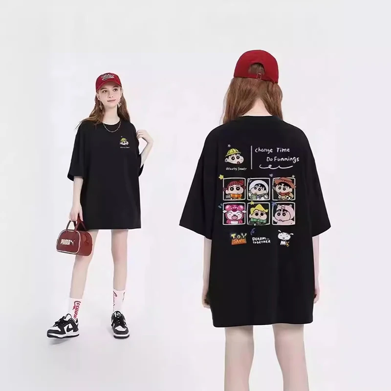 

Футболка женская с коротким рукавом и Аниме Crayon Shin-Chan, Новинка лета 2024, хлопковые топы с коротким рукавом для пар, подарок на день рождения для девочек