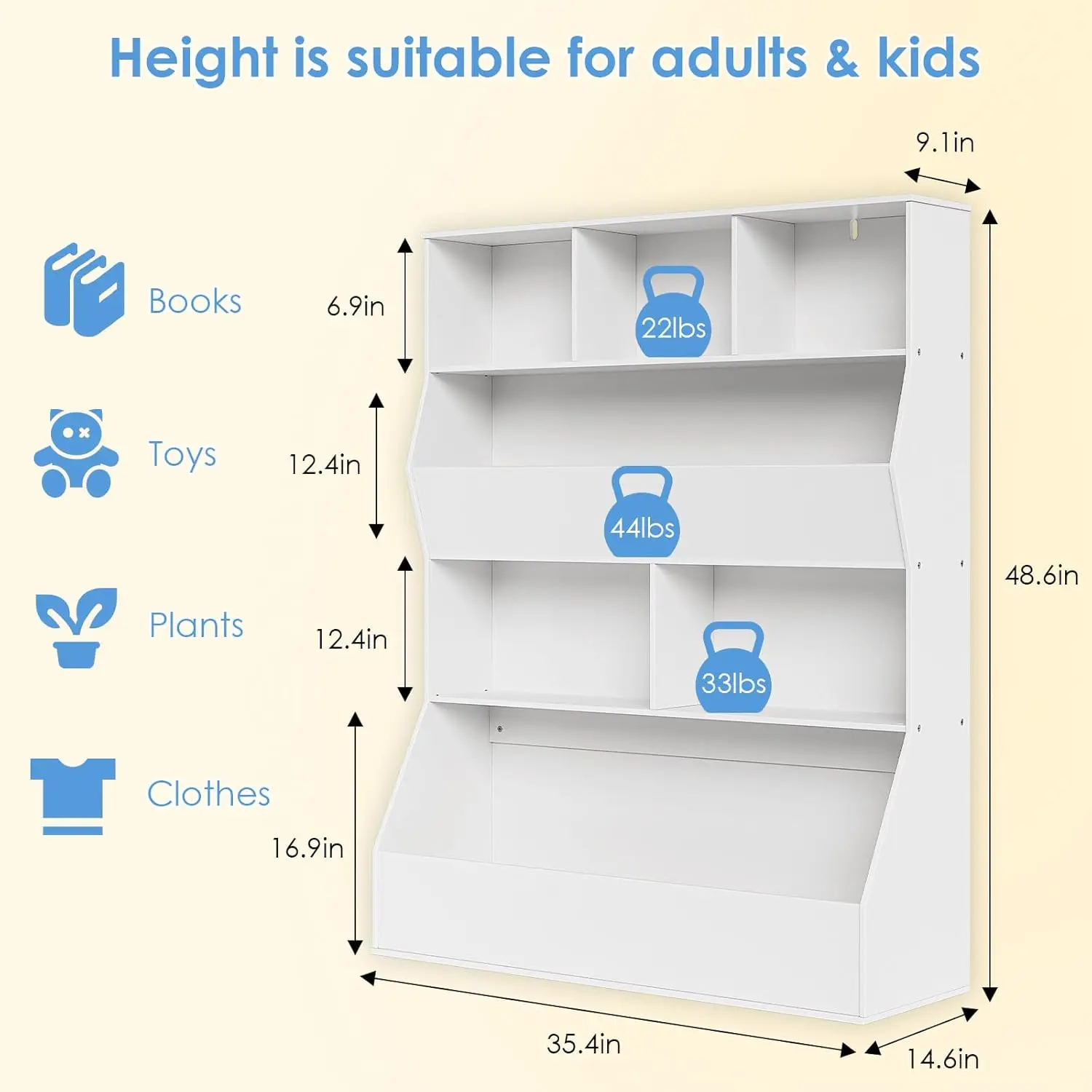 Toy Storage Organizer for Kids, Large Wooden Open Bookcase 4-Tier Children Storage Cabinet, Cubby Bookshelf for Playroom Bedroom
