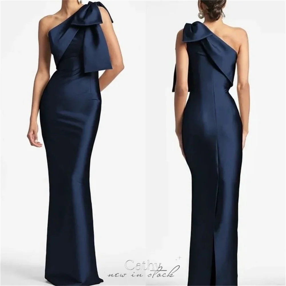 

Cathy Dark Blue Satin Prom Dresses One Shoulder Mermaid vestidos de noche Elegant Sleeveless Floor-Length Formal Evening 2024