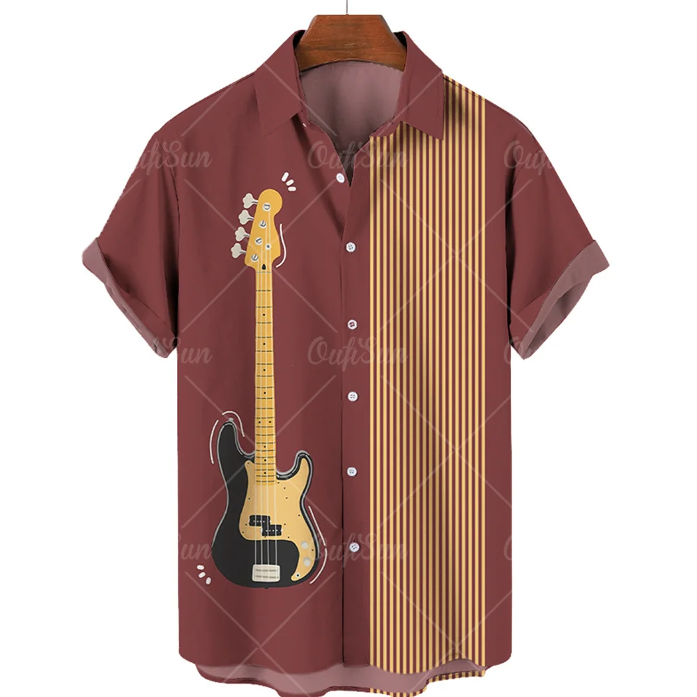 Hawaiian Men's Shirt 3D Harajuku Guitar Jazz Print Tops V-Neck Casual Blouses Fashion Tees Button Up Short Sleeve Pop Shirt Male