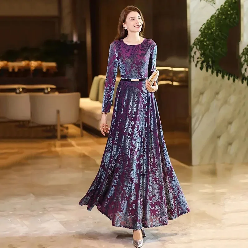 

2024 Осенние Теплые золотые бархатные платья с принтом, женское роскошное платье с длинным рукавом для выпускного вечера, женское винтажное Длинное Элегантное Вечерние Vestidos