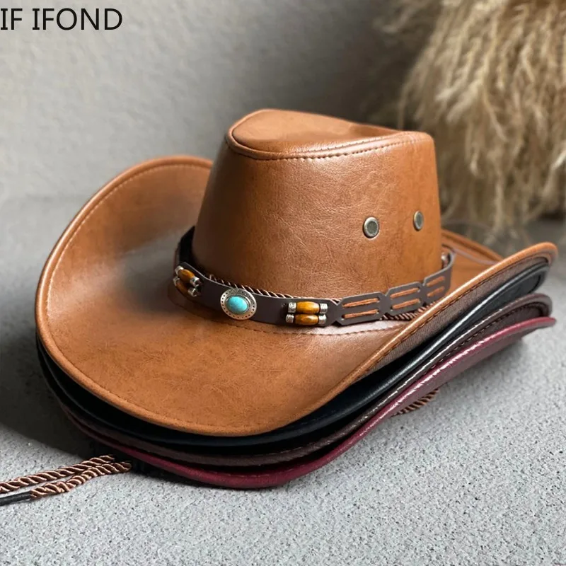 

New Faux Leather Western Cowboy Hats For Women Men Vintage Gentleman Dress Hats Panama Cowgirl Jazz Cap Sombrero Hombre