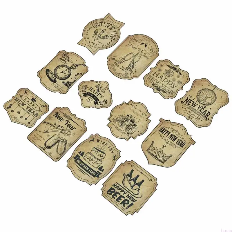 12Pcs Retro Happy New Year Wine Bottle Label Sticker for Home and Restaurant Use