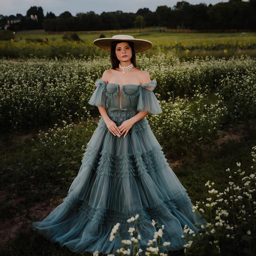 

Colored Tulle Teal Blue Alternative Wedding Dress A Line Plus Size Off Shoulder Tiered Layers Sweetheart Tutu Evening Prom Gowns