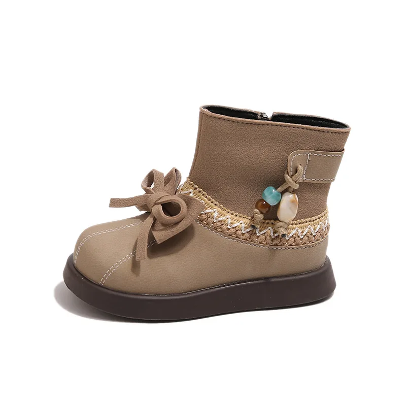 Girls Short Boots Ethnic Style Kids Leather Boots with Simple Bows 2025 Autumn Winter Children Princess Boots Side Zipper Sweet