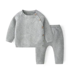 Cotton Newborn Baby Clothing Set - Knitted Sweater and Pajama Ensemble - 100 2-3Y (GRAY)