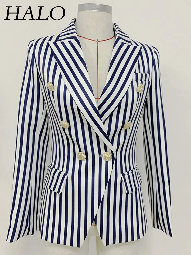 

2024 Spring/Summer New Coat Double Breasted Metal Lion Head Button Fashion Stripe Slim Fit Long Sleeved Suit For Women