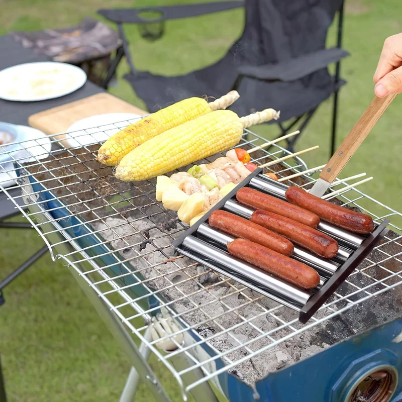 

Роликовая стойка Hotdog для гриля, полка-ролик для сосисок, полка из нержавеющей стали с очень длинной деревянной ручкой