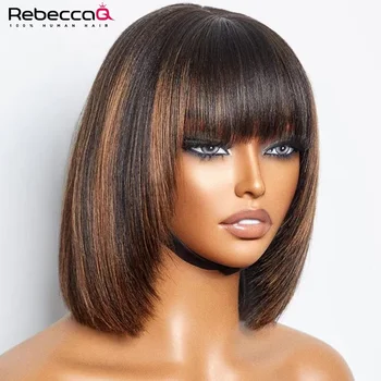 Highlighted Short Bob Wig with Bangs 100% Human Hair 3x1 Lace Glueless Straight Wig for Women Ready To Go Brazilian Remy 8-14 in