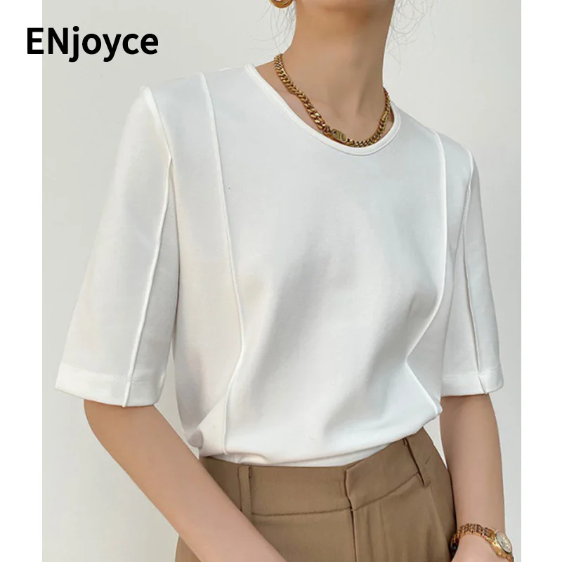 

Женская футболка с круглым вырезом, простая плиссированная дизайнерская футболка в Корейском стиле, модная свободная футболка с рукавом до локтя, пуловер, топы, уличная одежда y2k, лето 2024