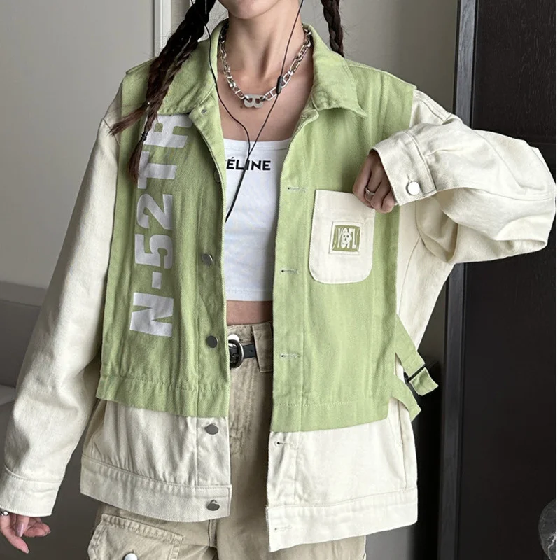 

Cargo Denim Jacket Women Korea Streetwear Vintage Fake Two-piece Spliced Contrasting Colors Autumn Art Polo Collar Cowboy Coat