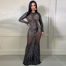 

See Through Mermaid Maxi Dresses for Women Diamante Glitter Shiny Gauze Long Sleeves Spring Fashion Party Evening Sexy Gown 2022